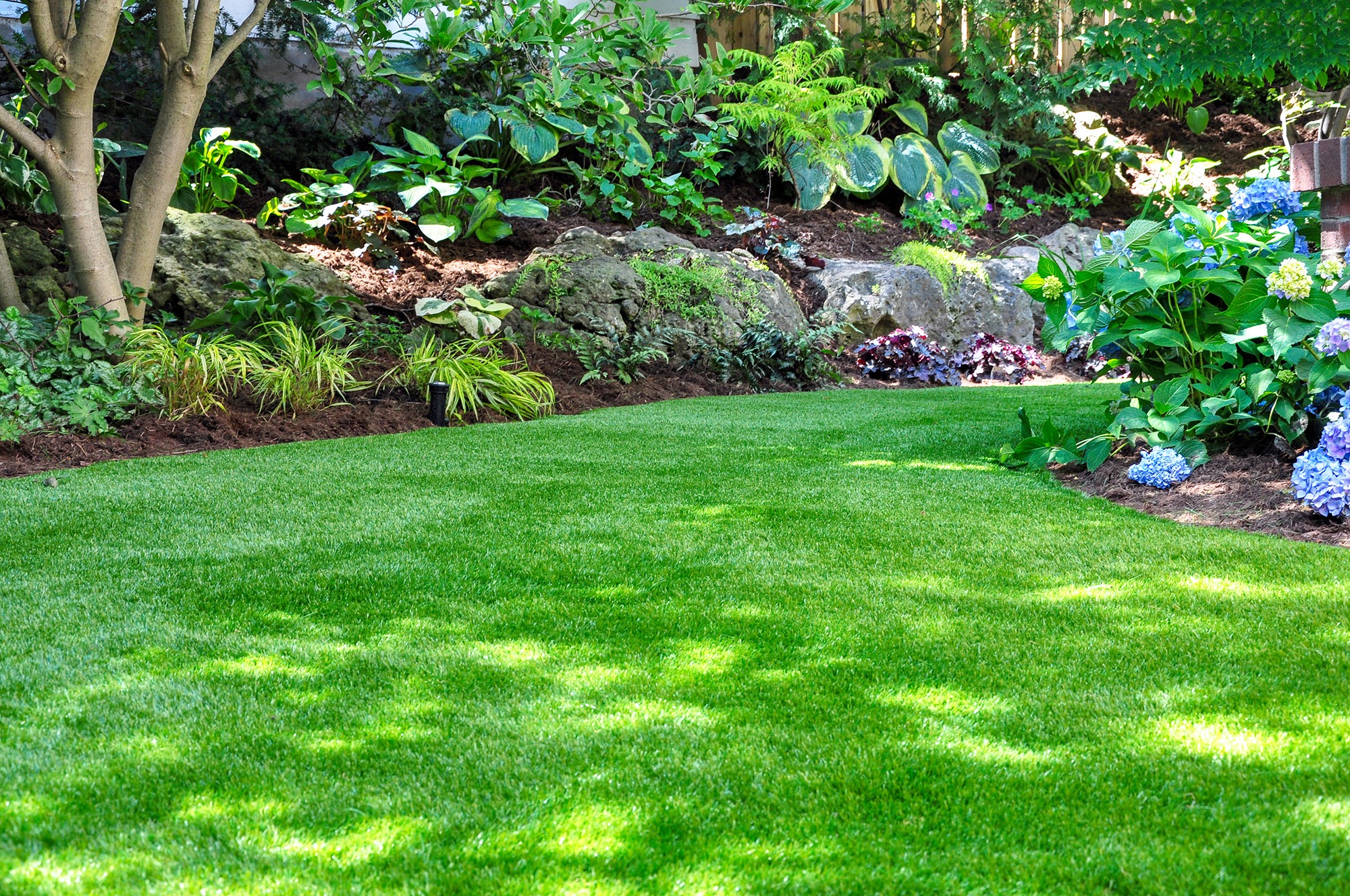 Lush green lawn curves through a well-maintained garden, featuring vibrant flowers and diverse plants, highlighting the beauty and design of landscaping in Nampa, ID.