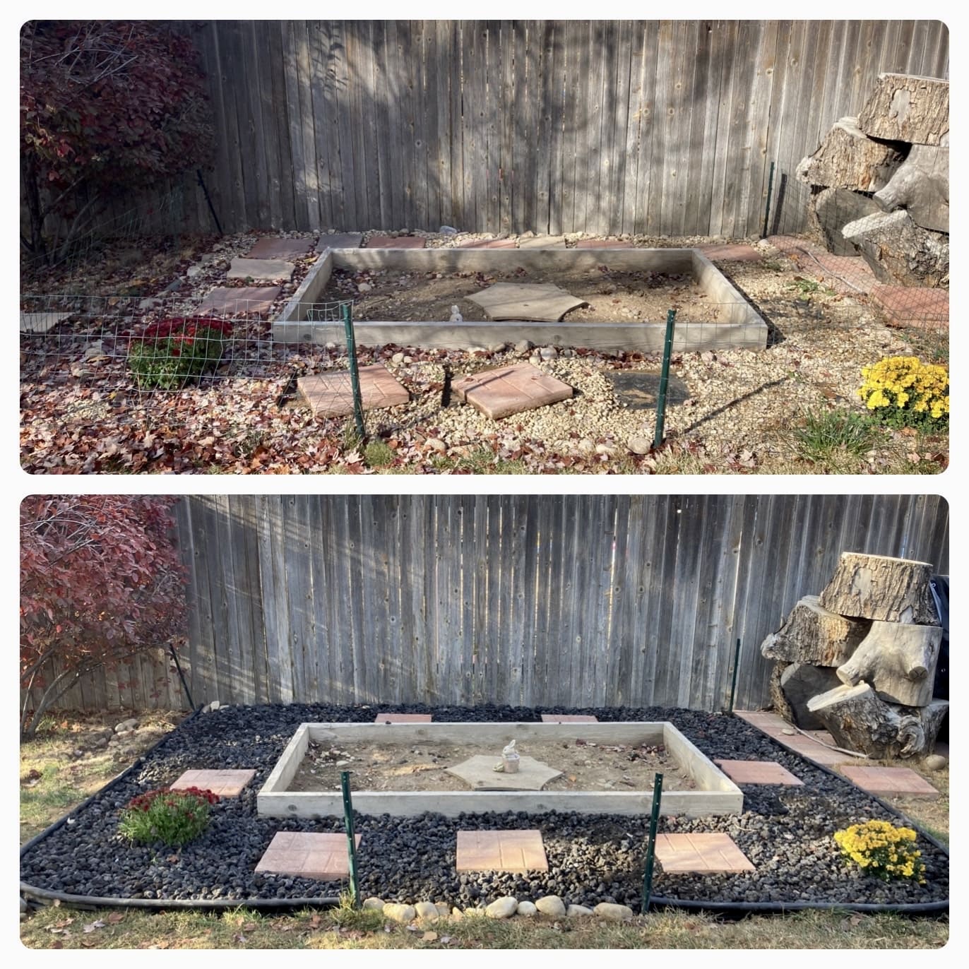 Top image shows a neglected garden bed with scattered leaves and uneven stones. Bottom image reveals a tidy, revamped garden with black mulch, arranged tiles, and plants, conveying a sense of order and renewal.